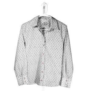 Foxcroft Women's Shirt Button Up Gray White Floral Striped Long Sleeve Top 6